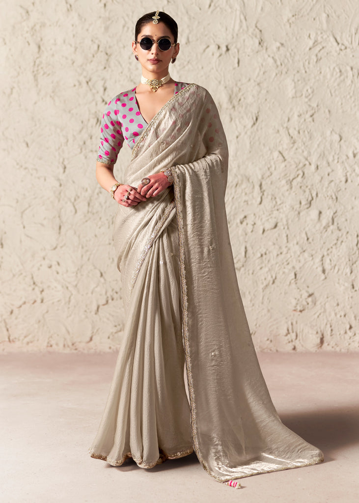 Silver Grey Designer Organza Tissue Silk Saree With Printed Blouse