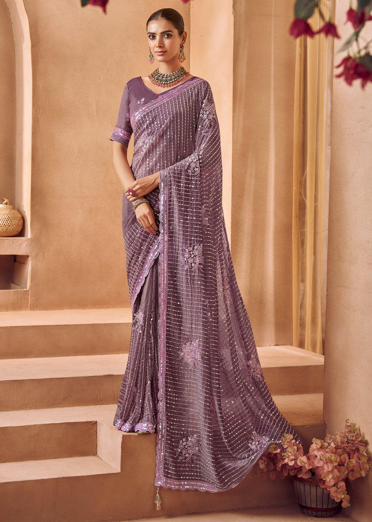 Dusky Purple Designer Tissue Silk Saree