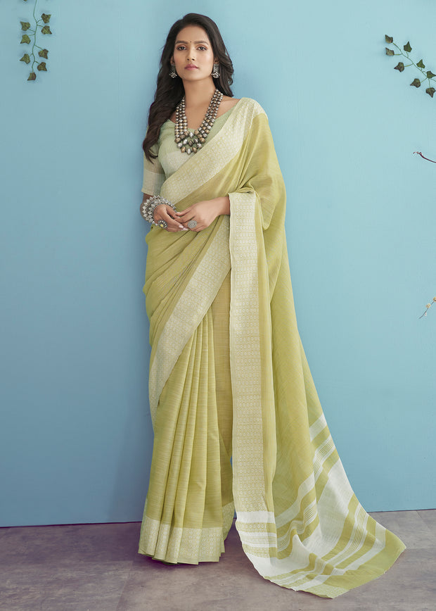 Muted Green Woven Linen Silk Saree