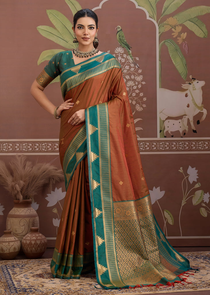 Rust Brown Woven Tussar Silk Saree
