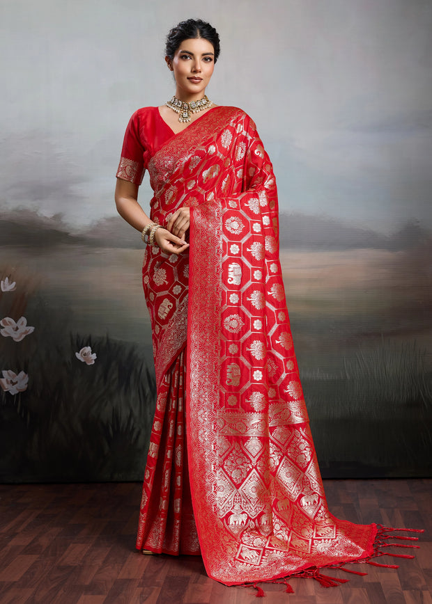 Vermilion Red Woven Banarasi Silk Saree
