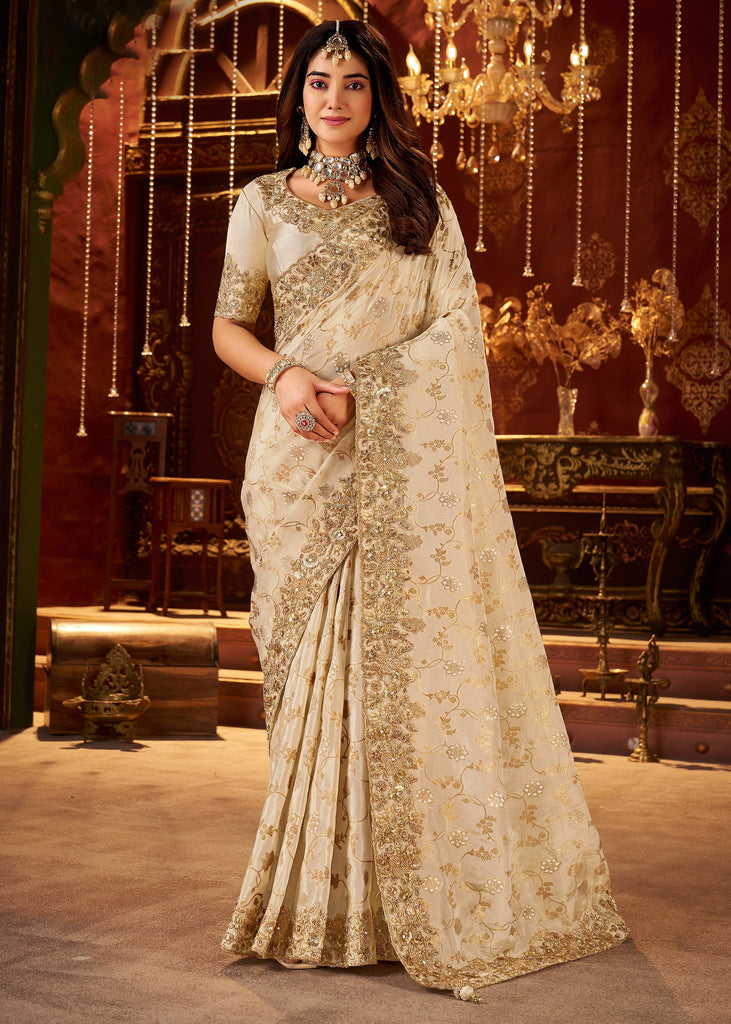 Off White Embroidered Tissue Designer Saree