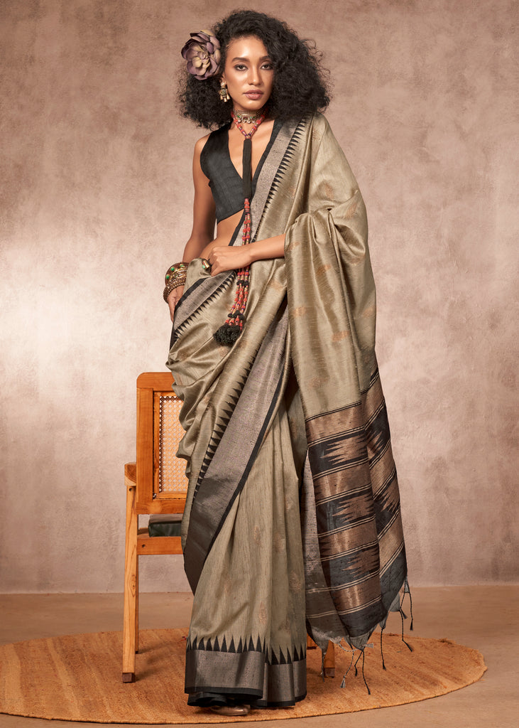 Olive Grey Woven Banarasi Silk Saree With Contrast Border