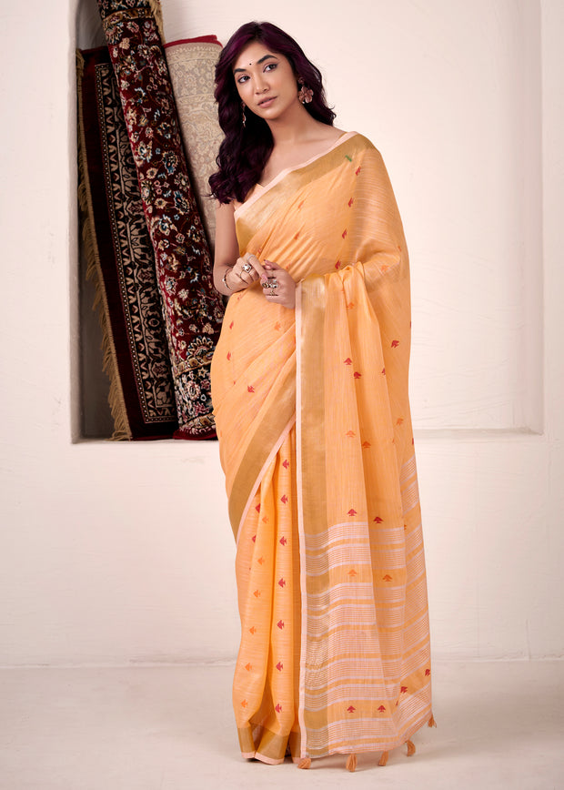 Apricot Orange Woven Linen Silk Saree