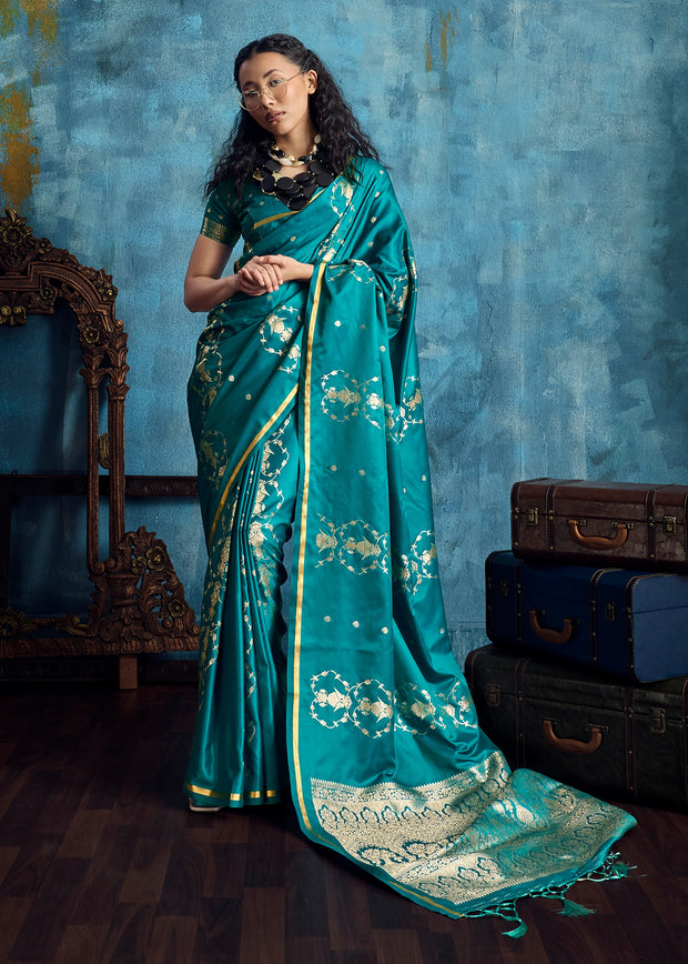 Teal Blue Woven Banarasi Satin Silk Saree