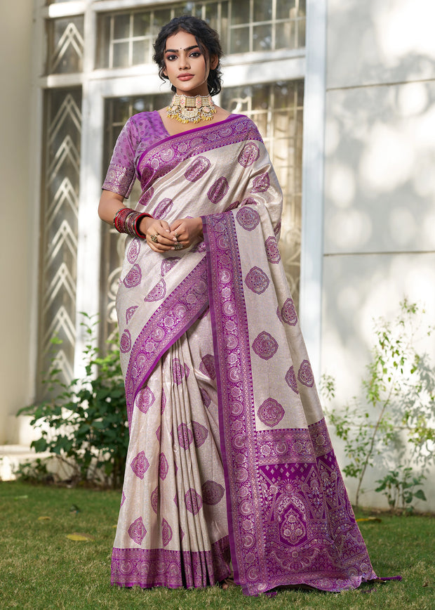 White And Purple Woven Banarasi Silk Saree