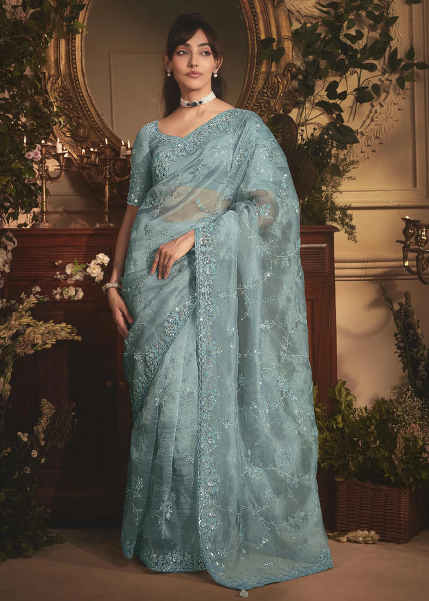 Aqua Mist Designer Tissue Organza  Saree