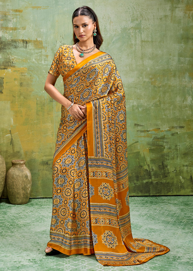 Haldi Yellow Printed Satin Silk Saree