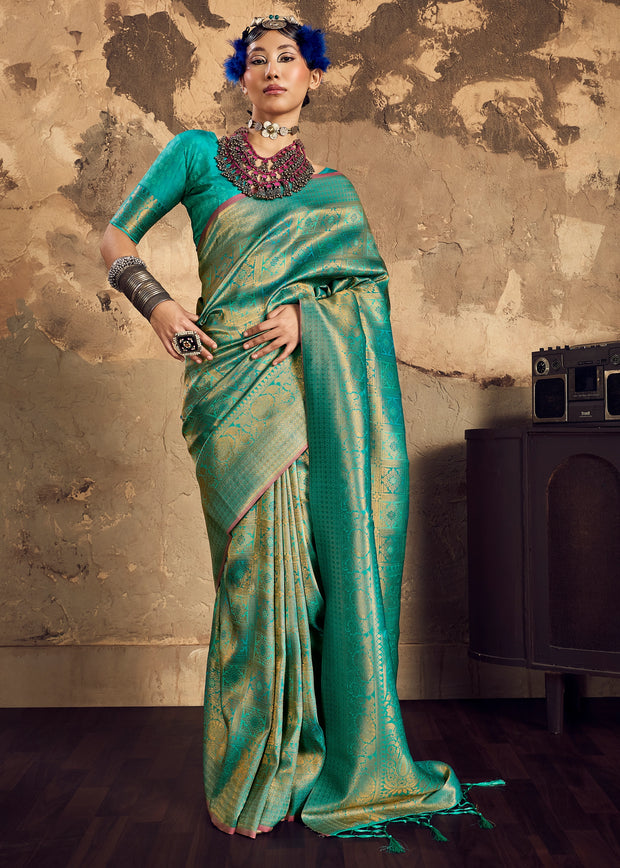 Peacock Green Woven Kanjivaram Silk Saree