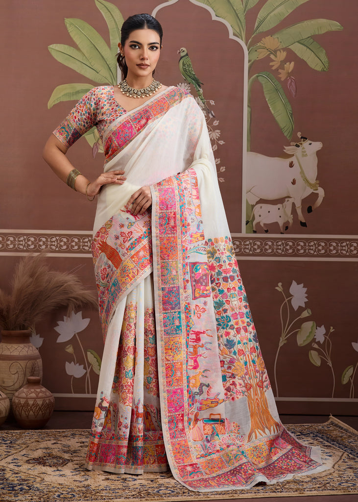 Premium White Woven Cotton Kashmiri Jamewar Saree