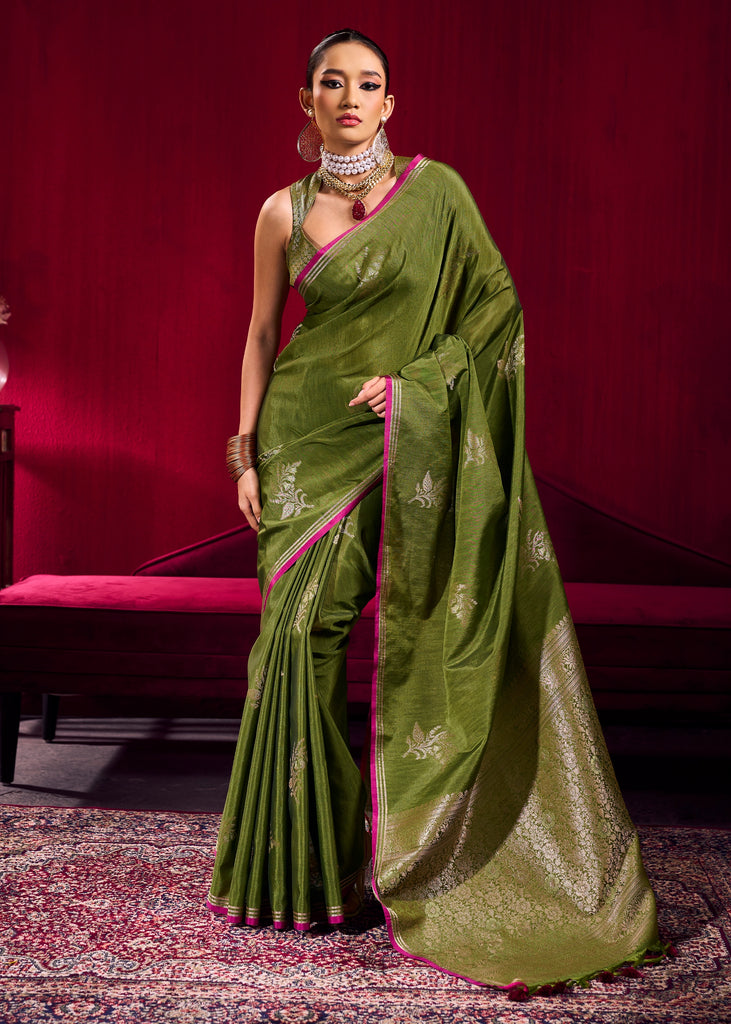 Heena Green Woven Banarasi Satin Linen Silk Saree