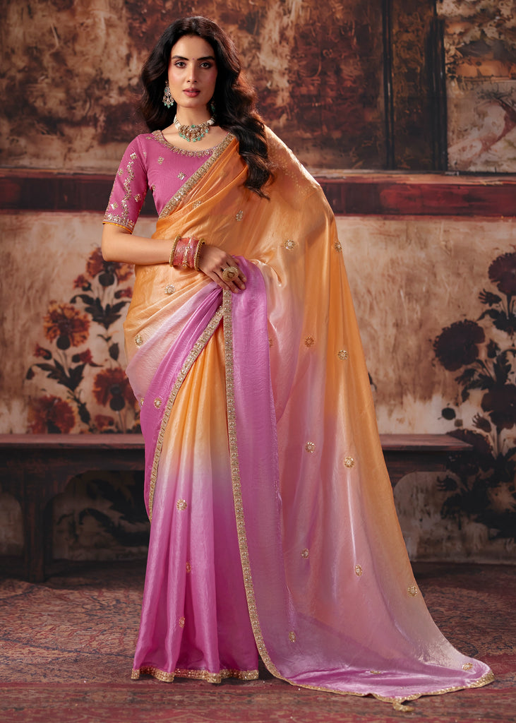 Peach And Pink Ombre Designer Satin Silk Saree With Embroidered Blouse