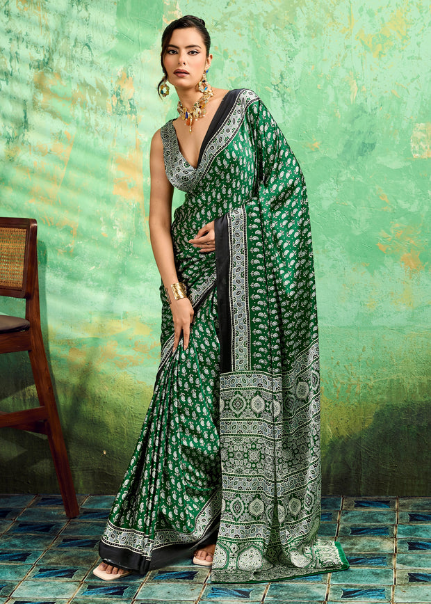 Forest Green Printed Satin Silk Saree