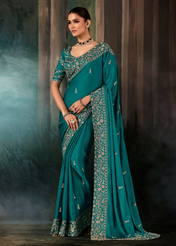 Everglade Green Embroidered Soft Silk Saree