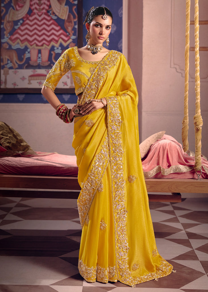 Mimosa Yellow Embroidered Tissue Designer Saree