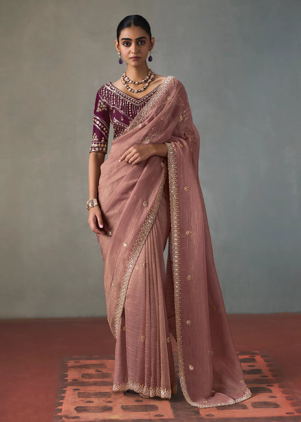 Mauve Embroidered Silk Saree With Heavy Blouse