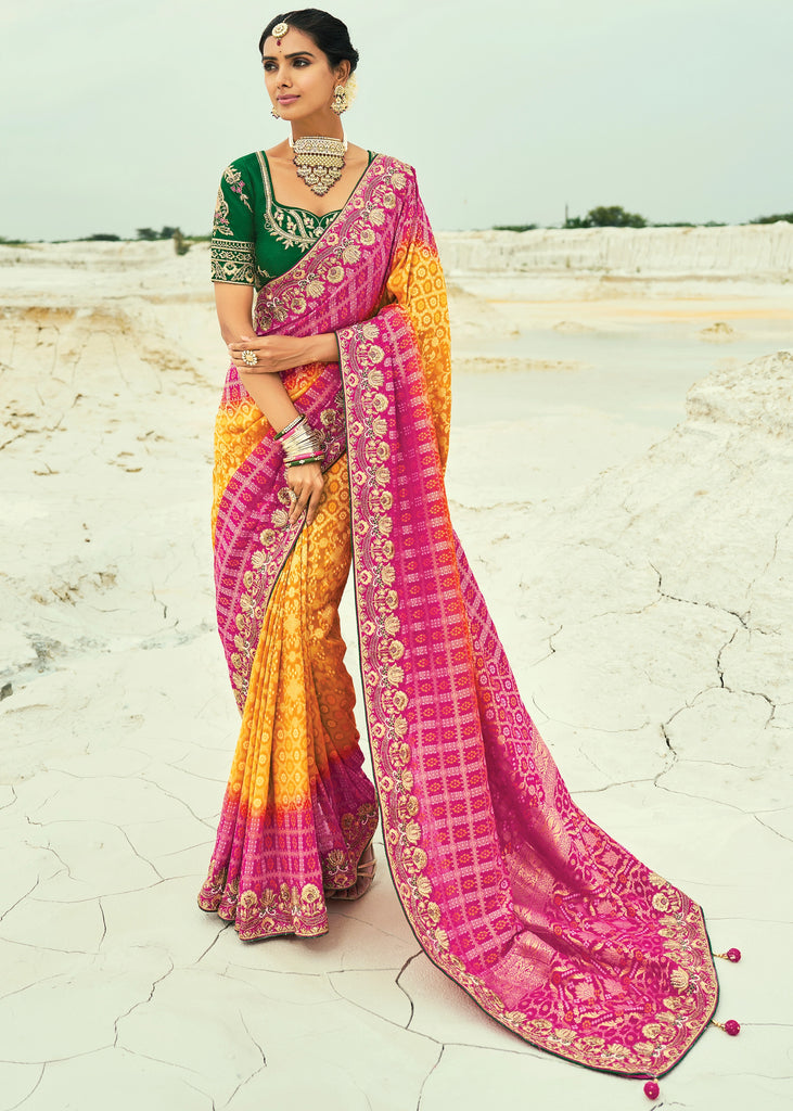 Pink & Yellow Woven Georgette Bandhej Designer Saree
