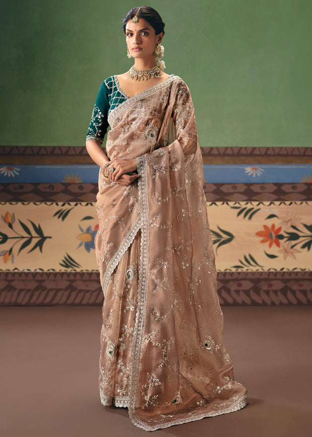Almond Brown Embroidered Designer Saree