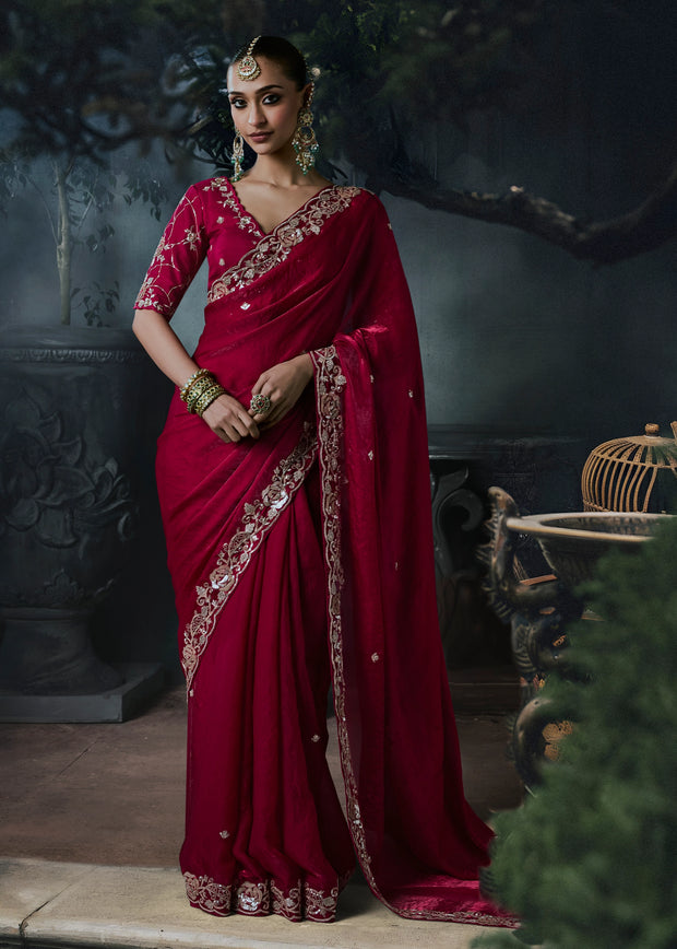 Tango Red Embroidered Designer Saree