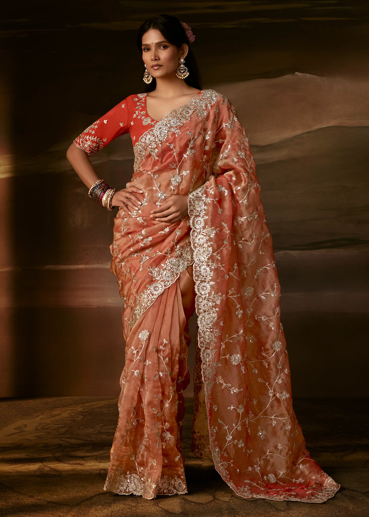 Peachy Orange Embroidered Designer Organza Saree