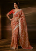 Peachy Orange Embroidered Designer Organza Saree