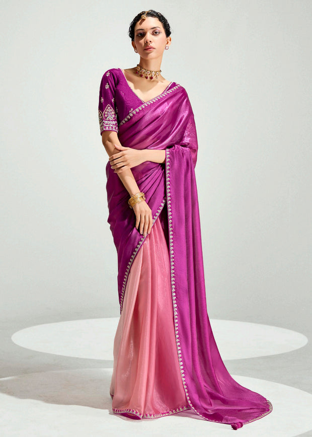 Dahlia Purple Ombre Designer Tissue Saree With Embroidered Blouse