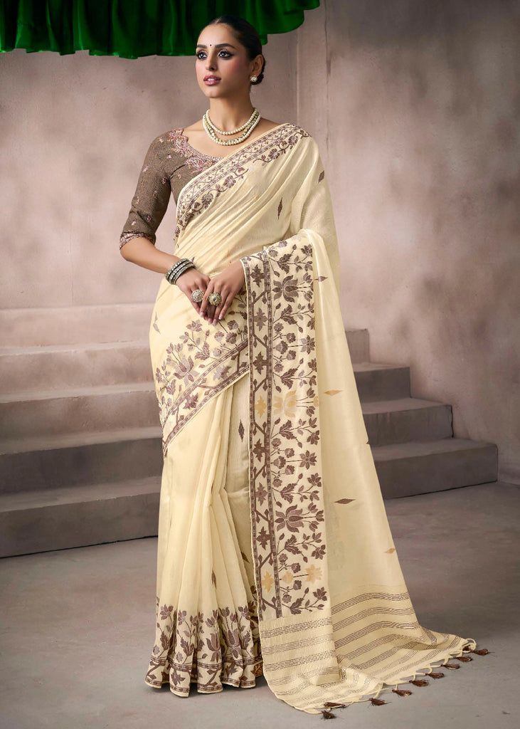 “Exclusive Offer” : Creamy White Woven Cotton Silk Saree
