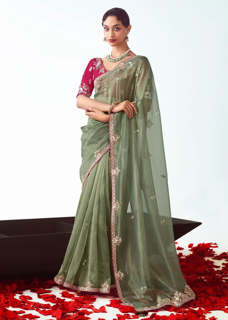 Antique Green Embroidered Designer Tissue Saree