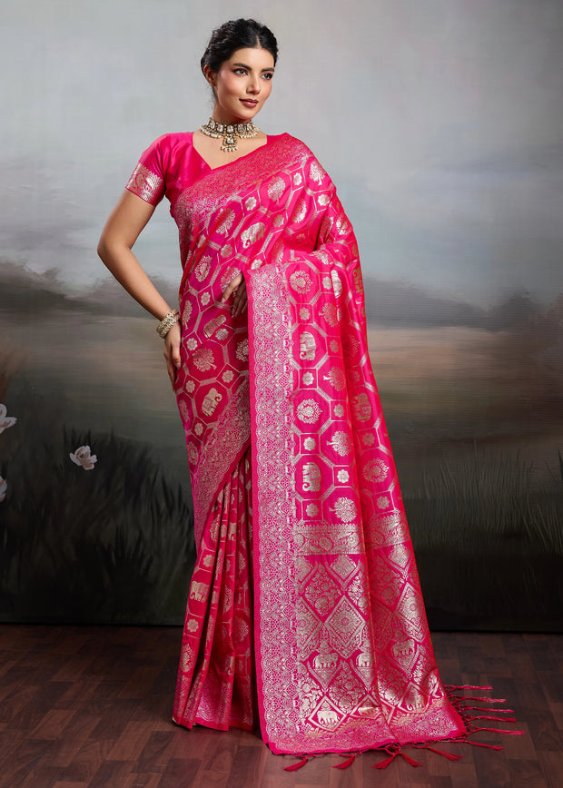 Fuchsia Pink Woven Banarasi Silk Saree