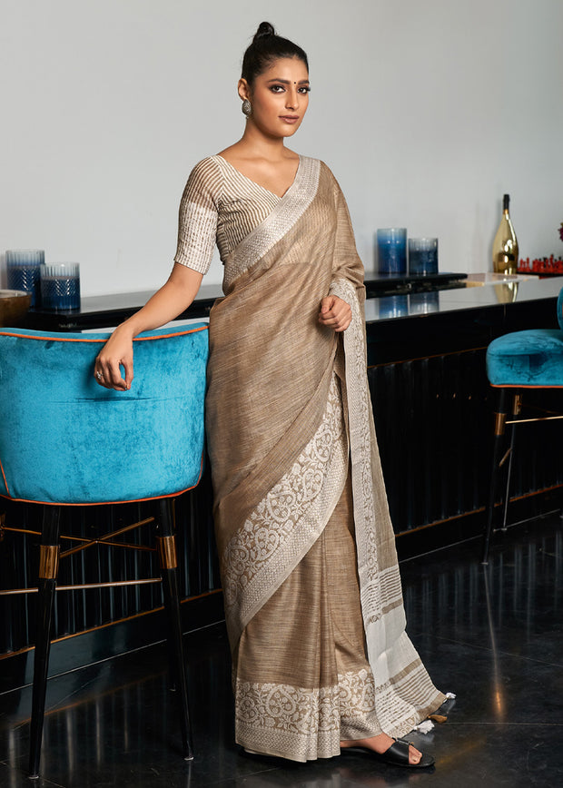 Olive beige woven linen silk saree with clean weave and contrast border