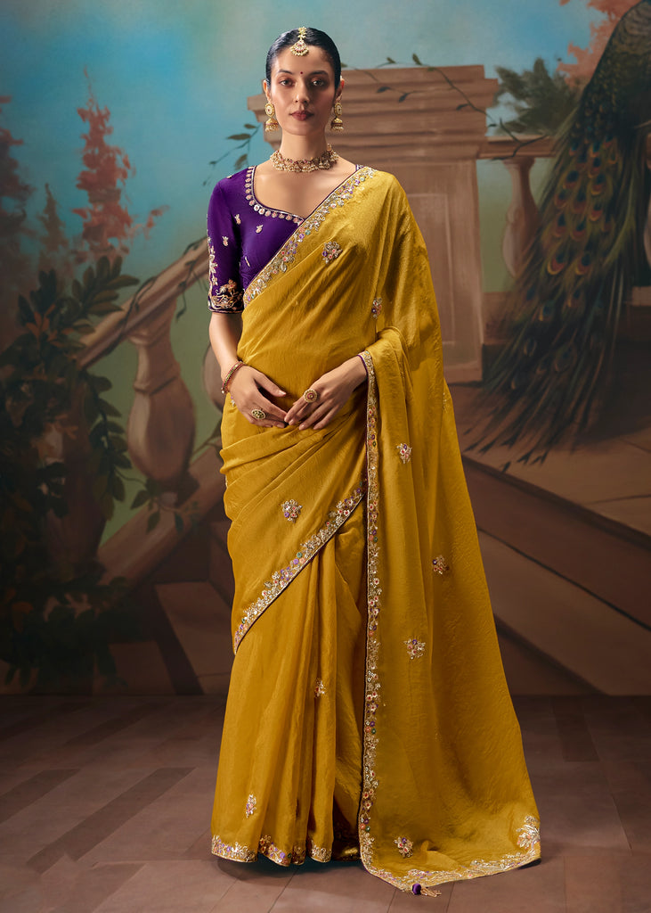 Mustard Yellow Embroidered Designer Saree