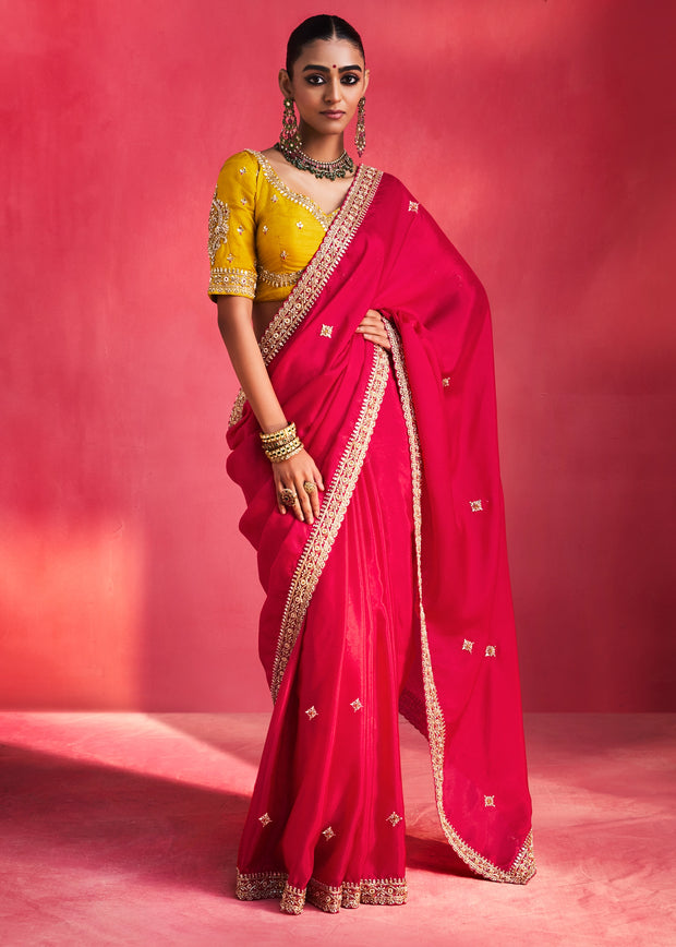 Fuchsia Pink Embroidered Soft Silk Saree With Contrast Blouse
