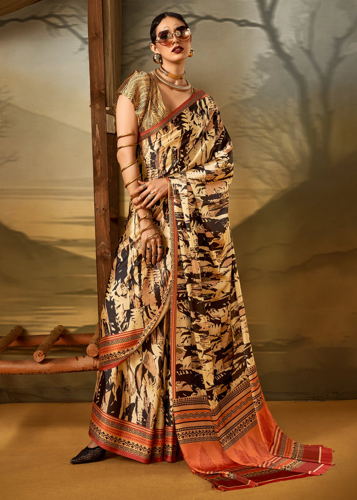 Golden Shine Printed Satin Silk Saree