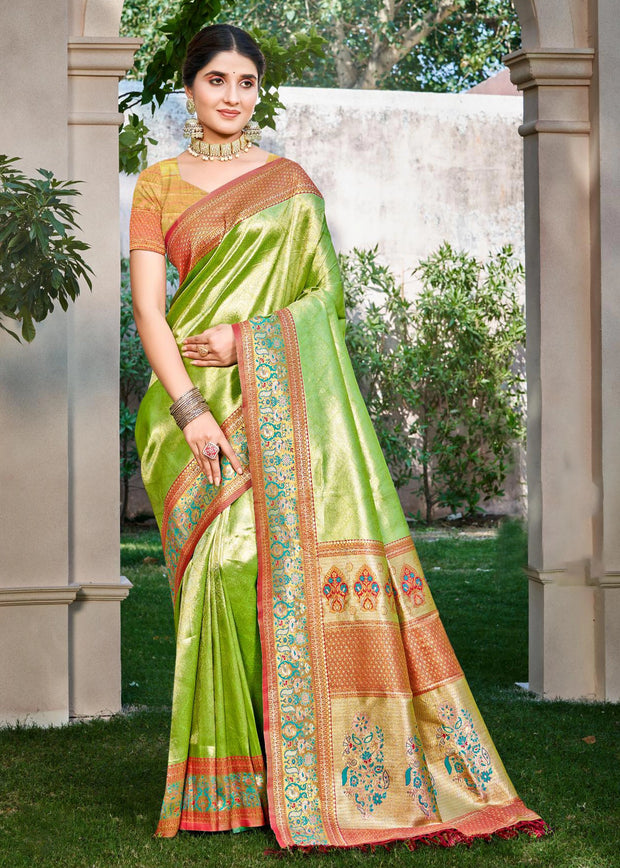 Bright lime green Kanjivaram silk saree with gold zari and Kanchipuram woven motifs
