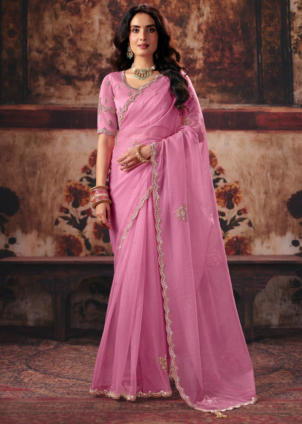 Rose Pink Designer Organza Saree With Embroidered Blouse