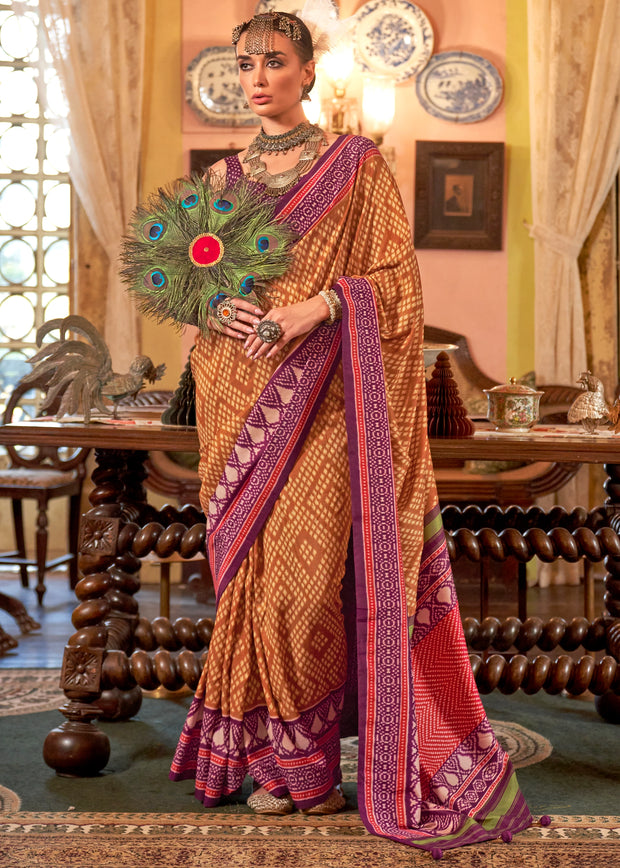 Apricot Orange Printed Patola Silk Saree