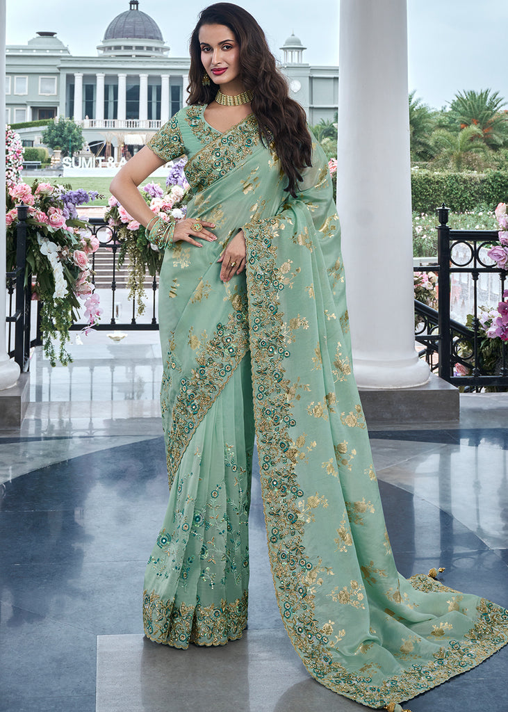 Dusky Green Heavy Embroidered Designer Silk Saree (10580182368449)