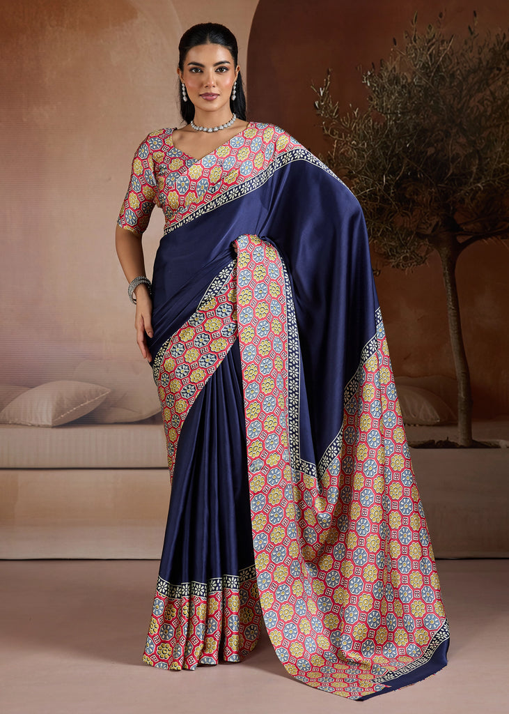 Navy Blue Printed Satin Silk Saree