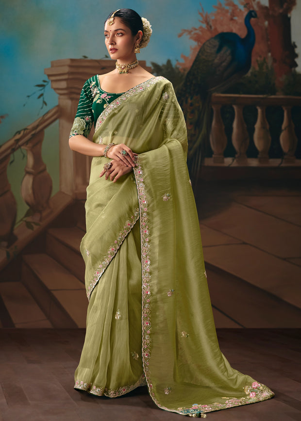 Kiwi Green Embroidered Designer Saree