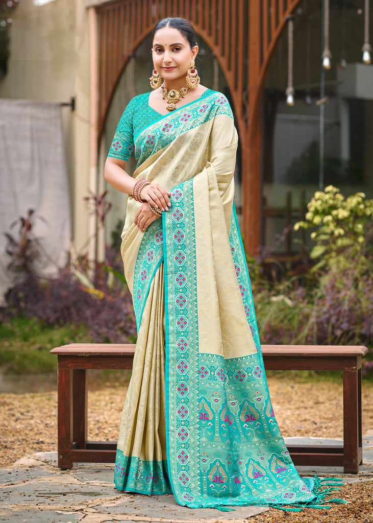 Off White And Blue Woven Banarasi Silk Saree