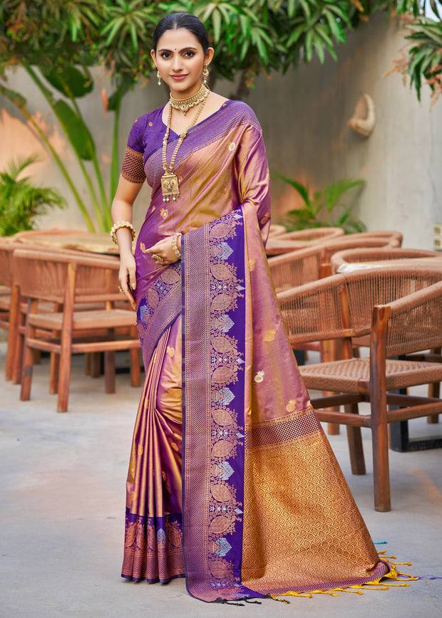 Orange Purple Dual Tone Woven Banarasi Silk Saree