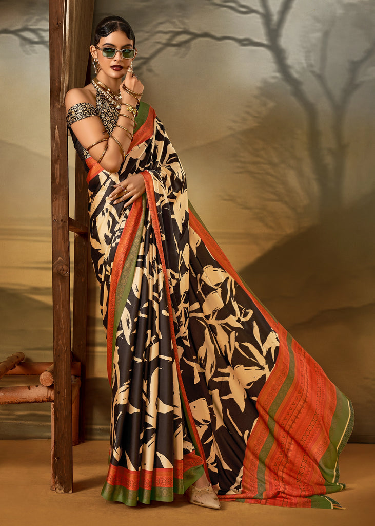 Black Printed Satin Silk Saree