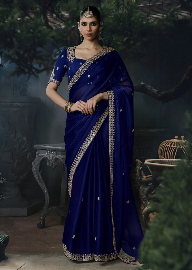 Navy Blue Embroidered Designer Saree