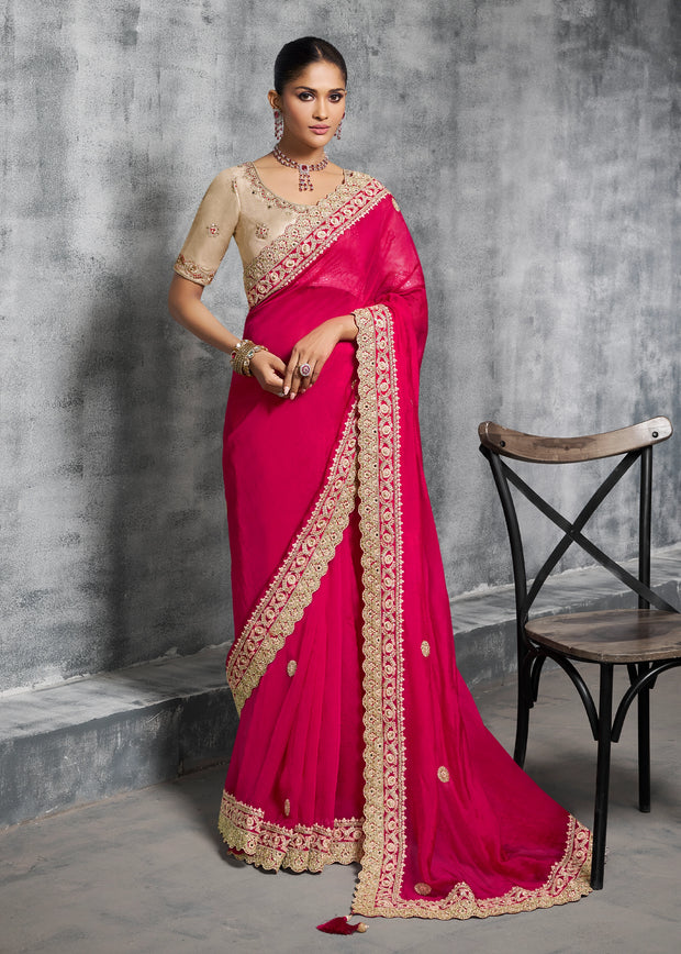 Hot Pink Embroidered Satin Silk Saree