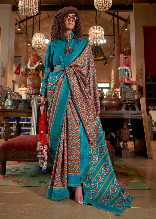 Blue And Brown Printed Patola Silk Saree