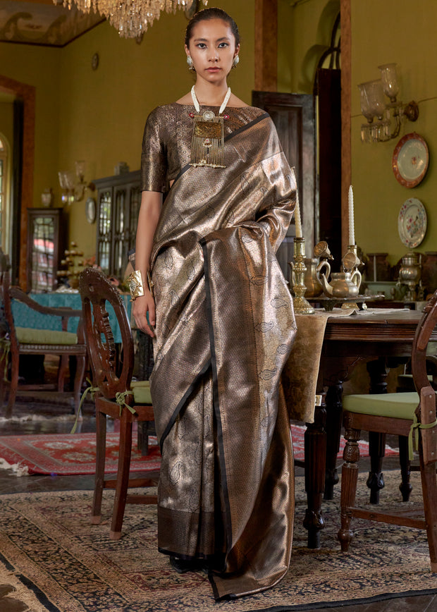 Turkish black dual tone Kanjivaram silk saree with deep shifting woven colour