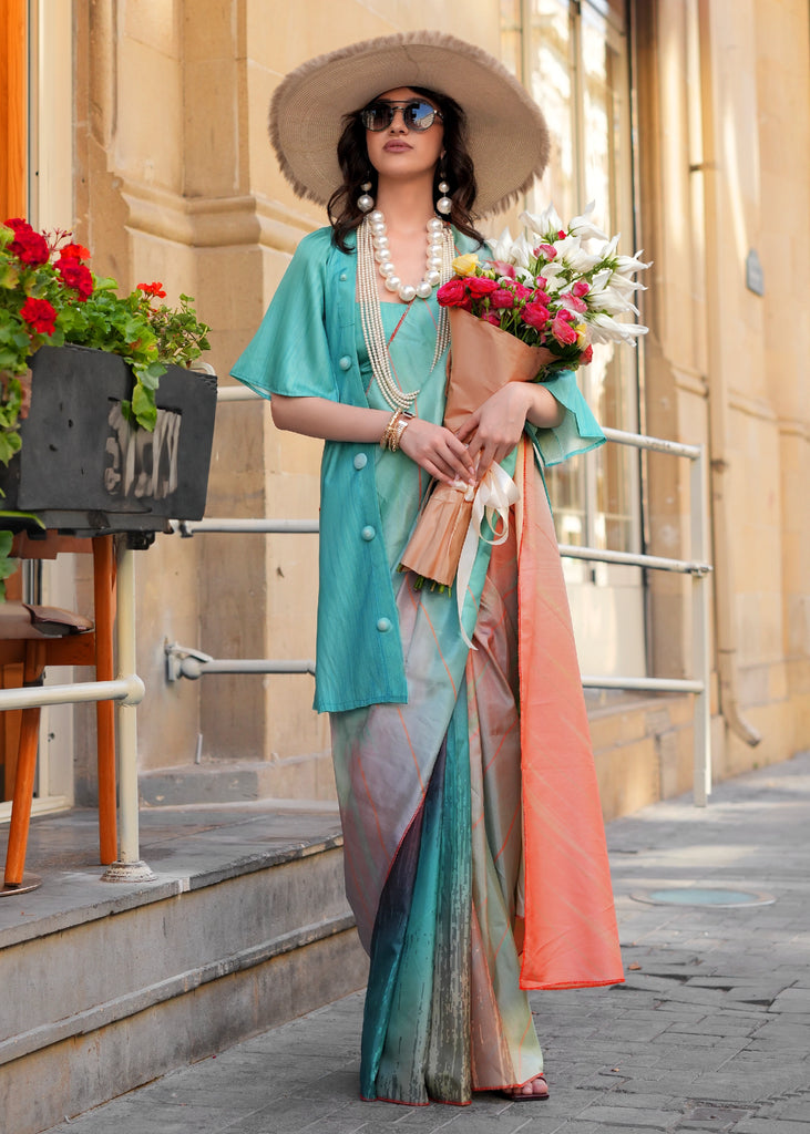 Teal Blue Digital Printed Soft Silk Saree