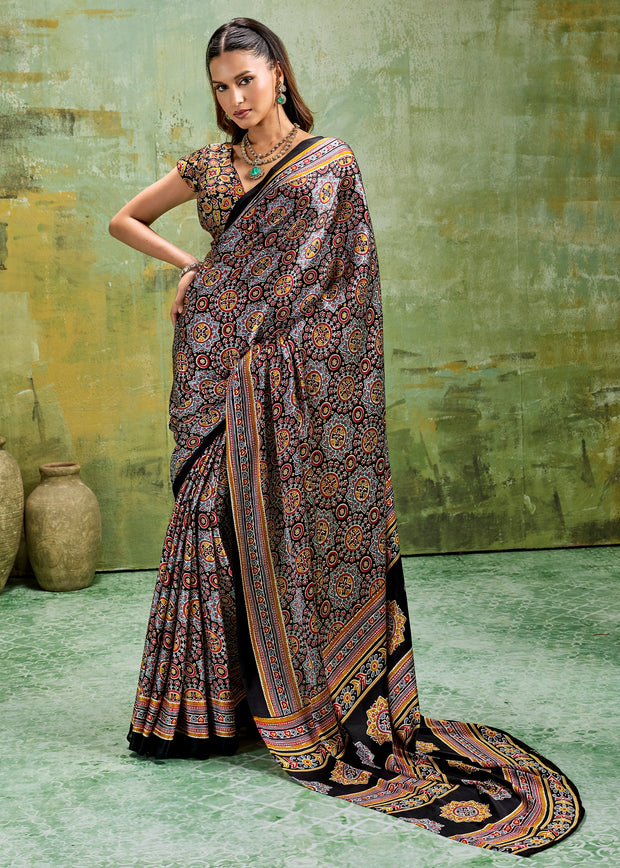 Black Printed Satin Silk Saree