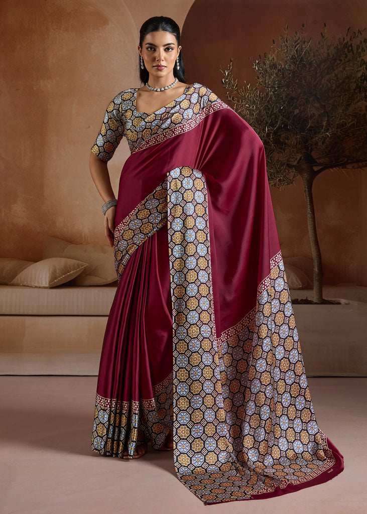 Maroon Red Printed Satin Silk Saree