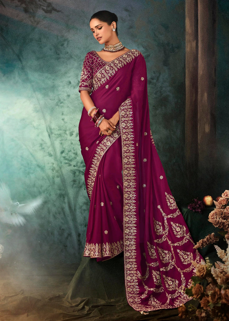 Magenta Purple Designer Embroidered Saree